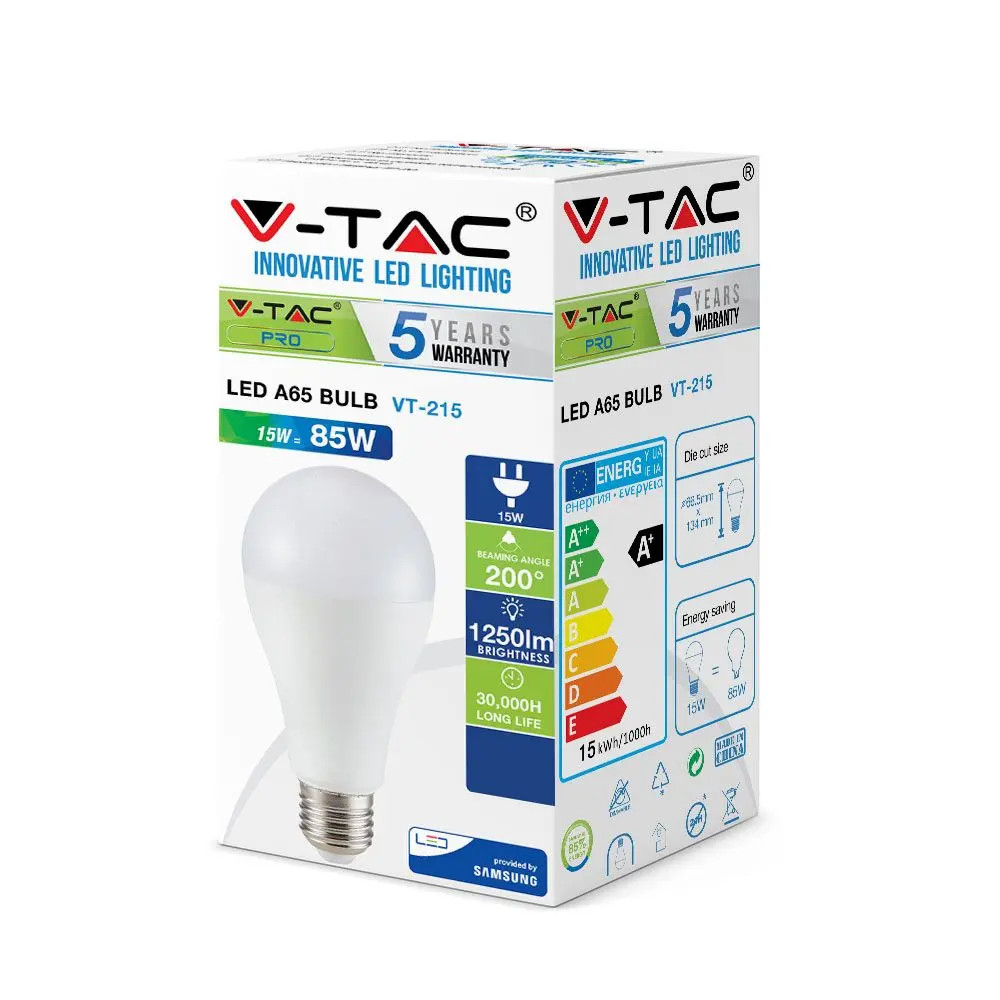 Bec LED 15W(85W) V-TAC, A60, E27, 1250 lm, cip Samsung, lumina calda (3000 K), clasa energetica F