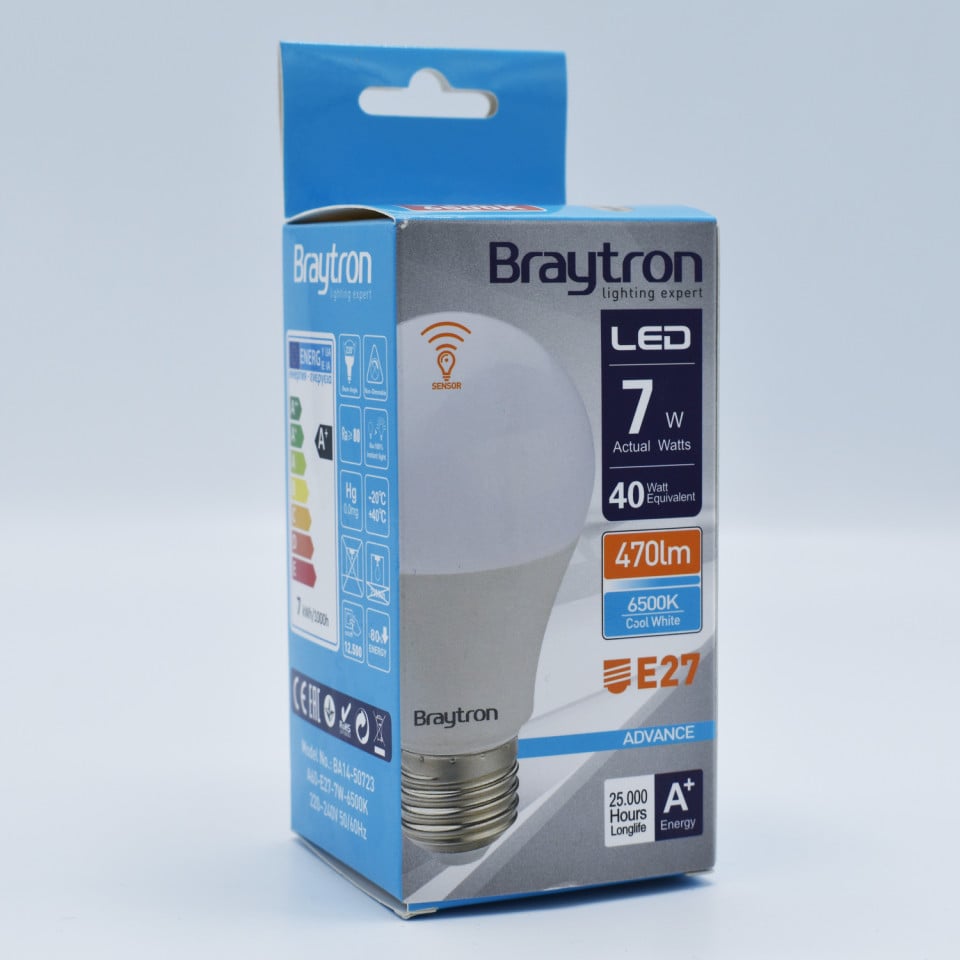 Bec led cu senzor de miscare 7W (40W) Braytron, A60, E27, 470lm, lumina rece (6500K), clasa energetica F