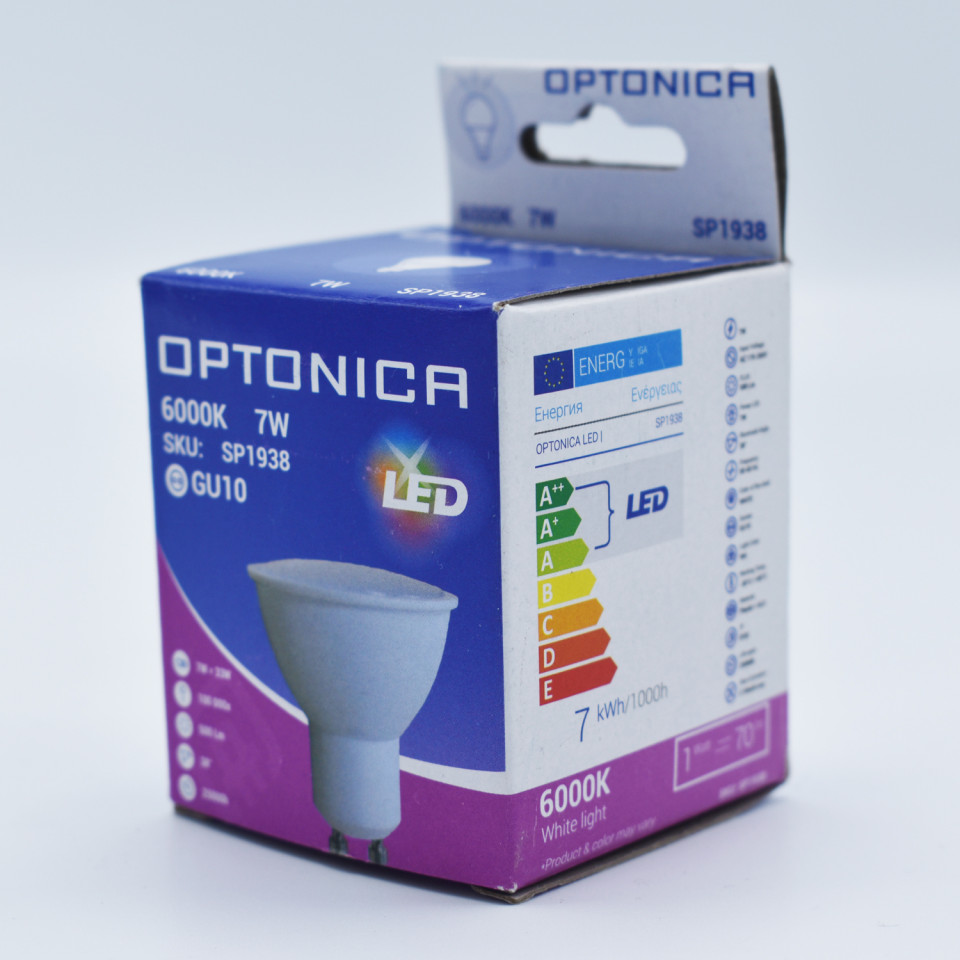 Bec LED GU10 Optonica, 7W(56W), 560 lm, lumina rece (6000K), semiclar, clasa energetica F