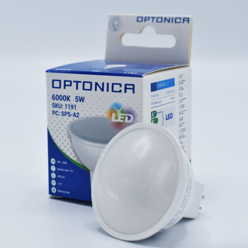Bec LED MR16 Optonica, 12V, 5W(40W), 400 lm, lumina rece (6000K), clasa energetica F - 1 | YEO