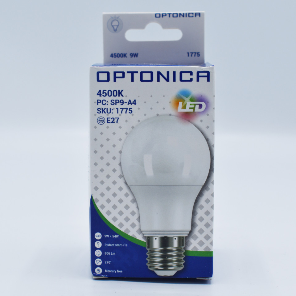 Bec LED Optonica, 9W(54W), E27, A60, 806 lm, lumina neutra (4500K), clasa energetica F - 2 | YEO