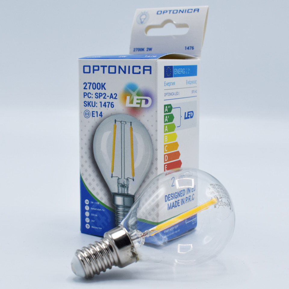 Bec LED sferic Vintage filament Optonica, 2W(16W), E14, G45, 200 lm, lumina calda (2700K), clasa energetica F - 1 | YEO