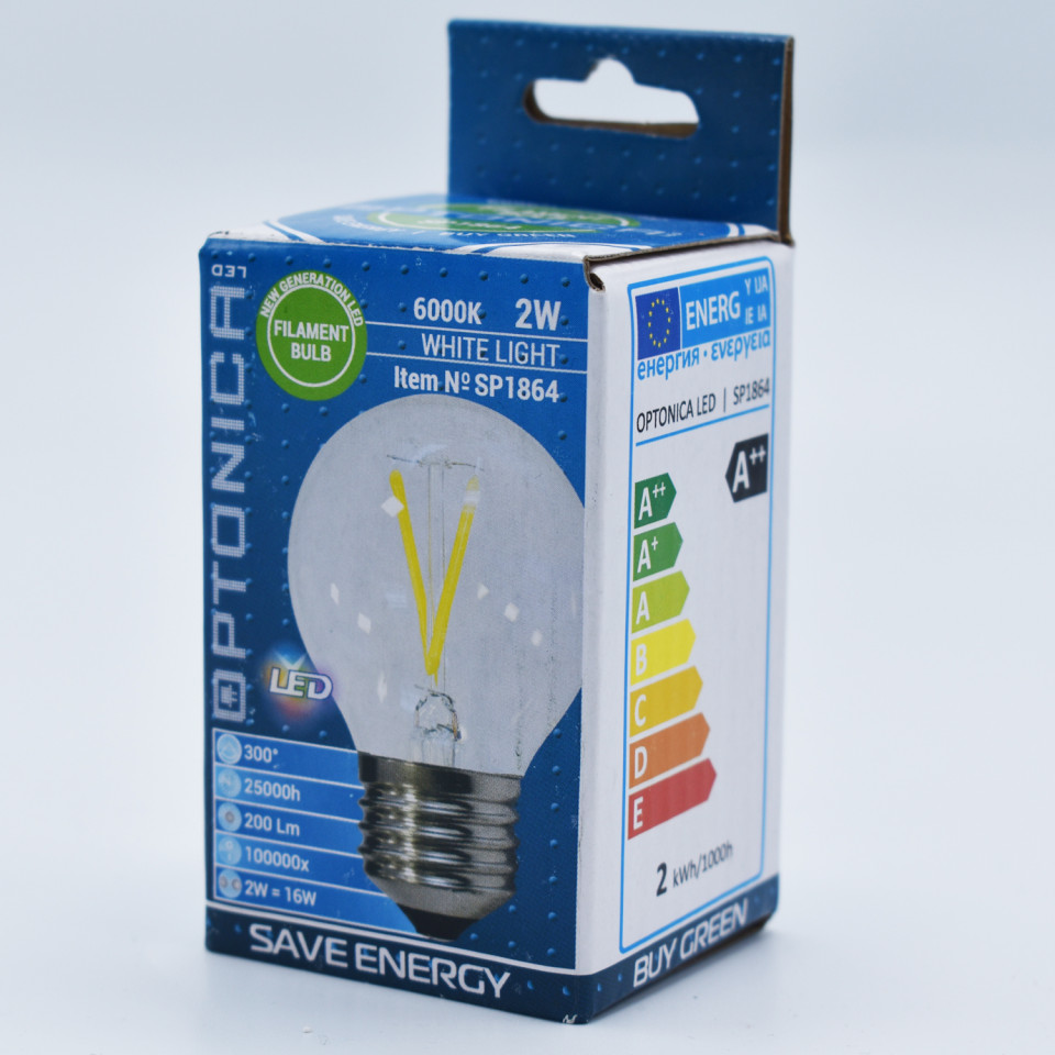 Bec LED sferic Vintage filament Optonica, 2W(16W), E27, G45, 200 lm, lumina rece (6000K), clasa energetica F