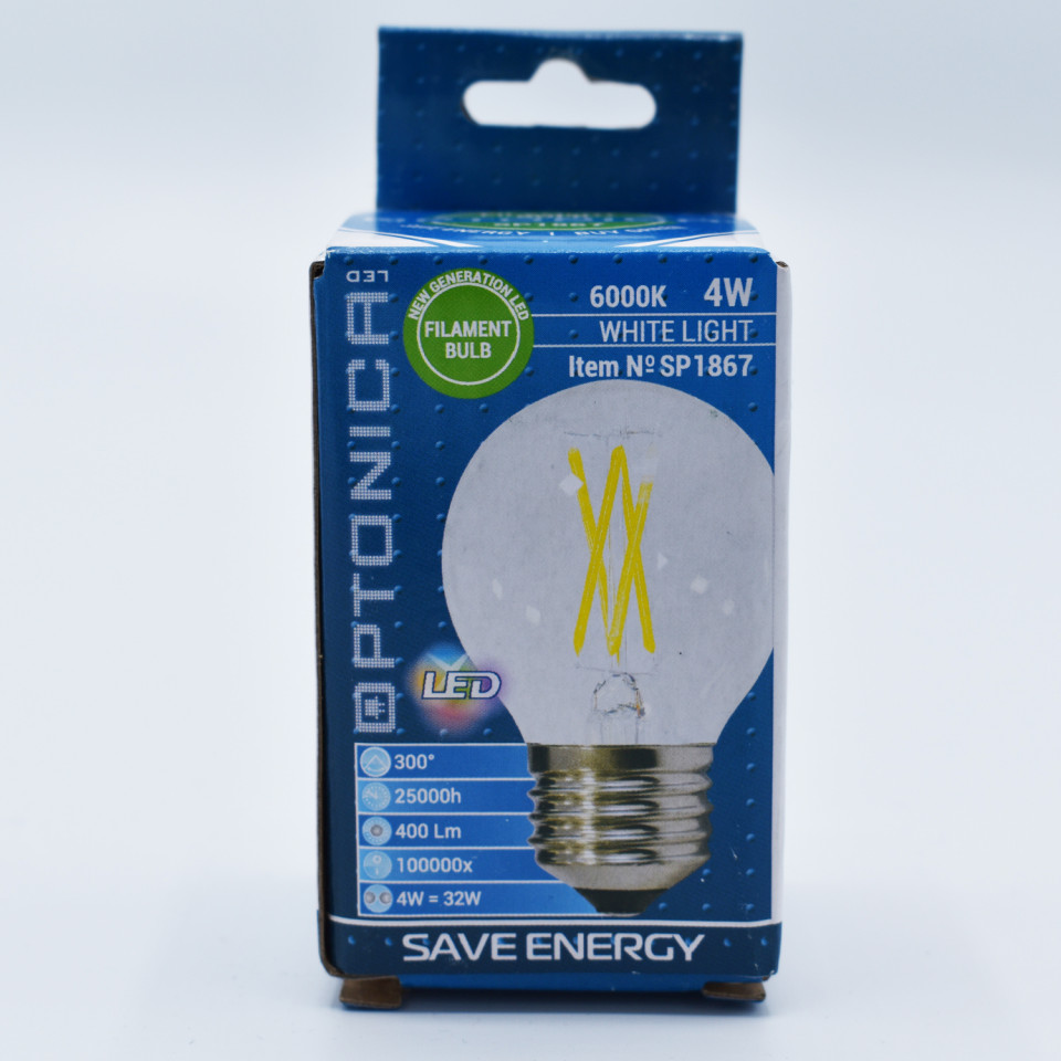 Bec LED sferic Vintage filament Optonica, 4W(32W), E27, G45, 400 lm, lumina rece (6000K), clasa energetica F - 2 | YEO