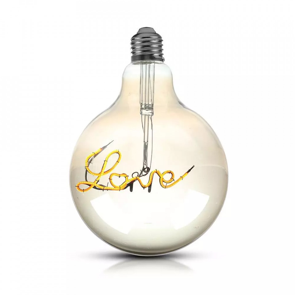 Bec LED Vintage filament Love V-TAC, 5W(30W), E27, G125, 70 lm, lumina calda (2200K), clasa energetica G
