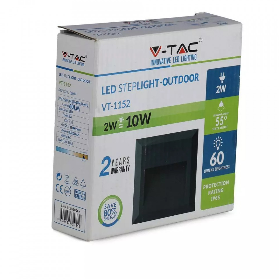 Corp led pentru trepte 2W, lumina naturala(4000 K), negru, patrat, protectie IP65, V-TAC - 2 | YEO