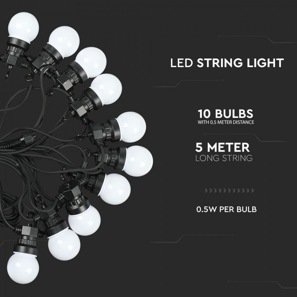 Ghirlanda luminoasa 10 becuri x 0.5W, 5 metri, lumina rece(6000 K), protectie IP44, V-TAC - 1 | YEO