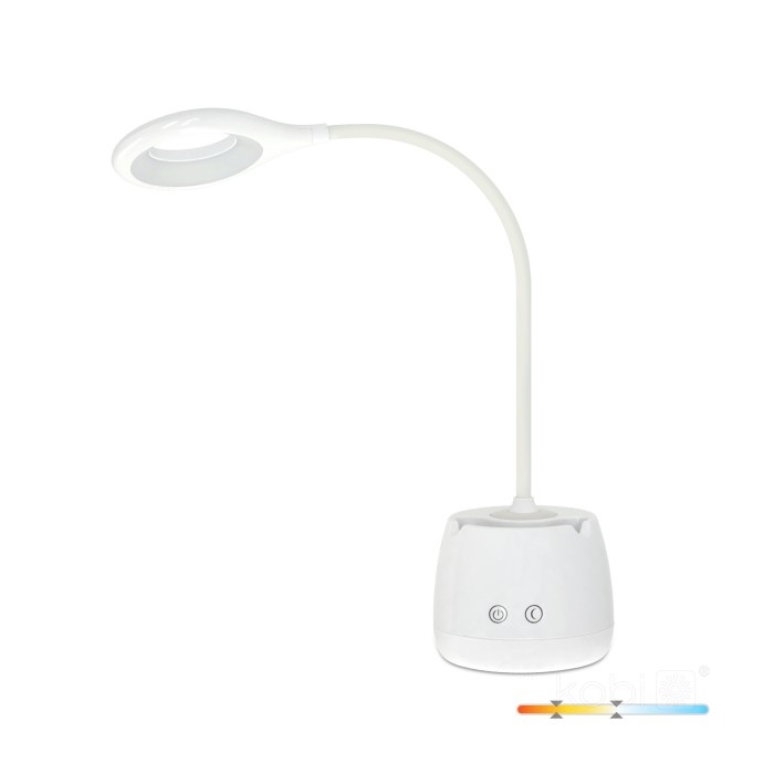 Lampa de birou LED LUSIA 5W, 4000K, portabila, acumulator, suport telefon si pixuri, alba, Kobi