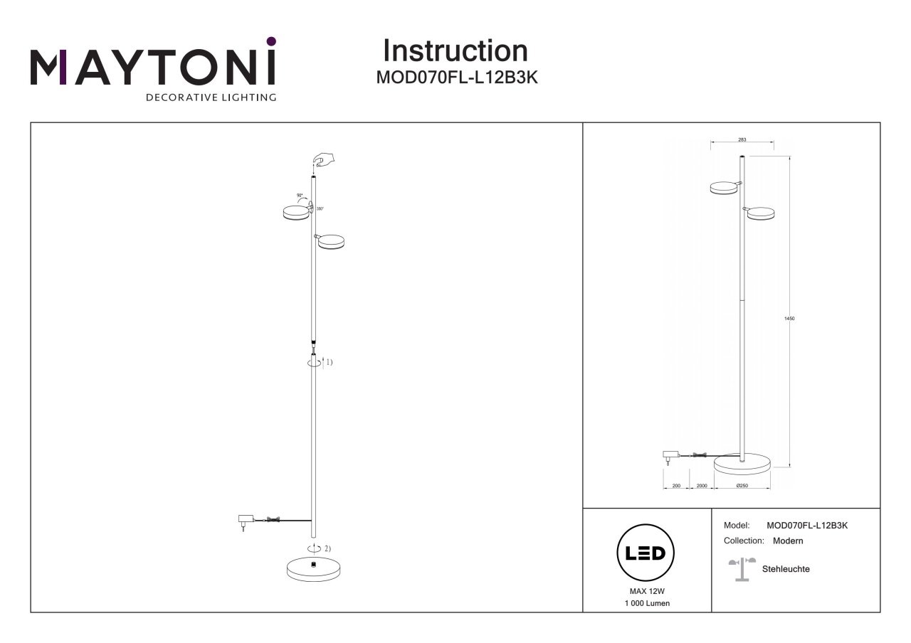 Lampadar LED Fad MOD070FL-L12B3K, dimabil, orientabil, cu intrerupator, 12W, 1000lm, lumina calda, IP20, neagra, Maytoni