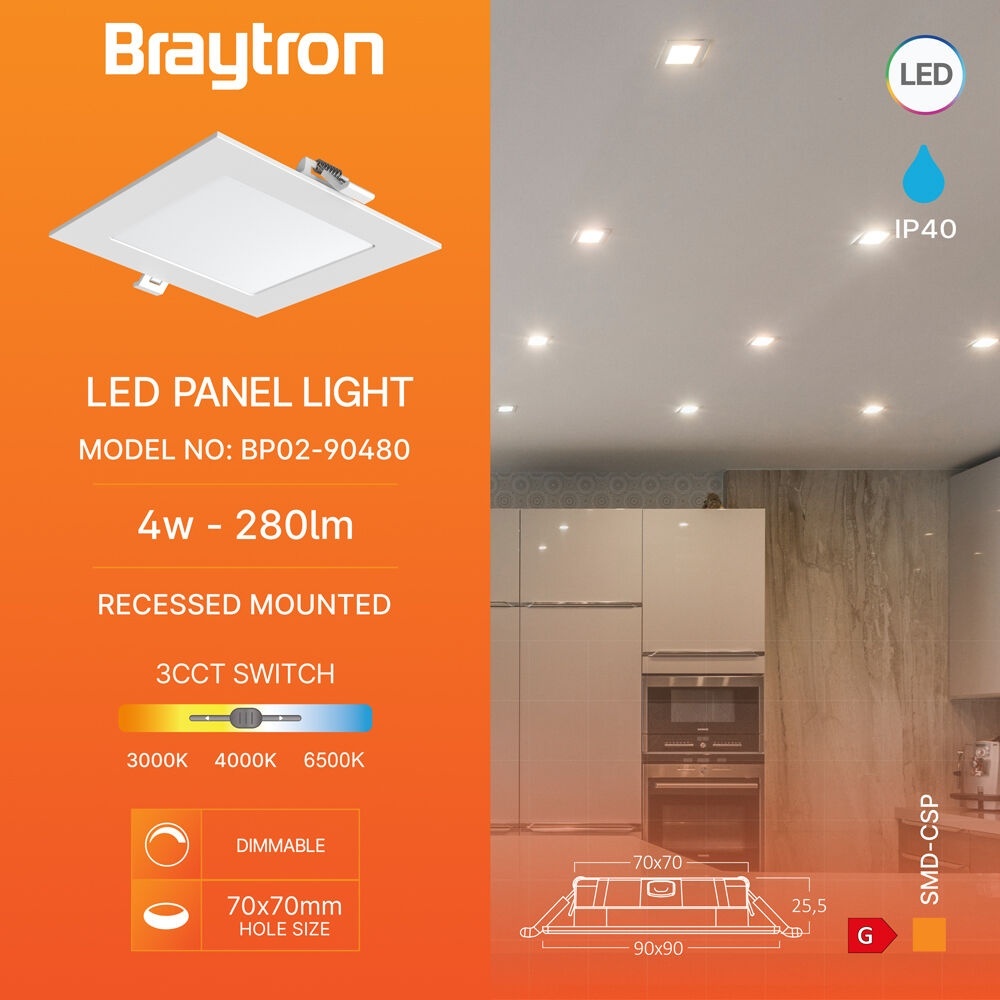 Panou LED incastrat patrat 4W, lumina calda/neutra/rece, alb, IP40, Braytron - imagine 3
