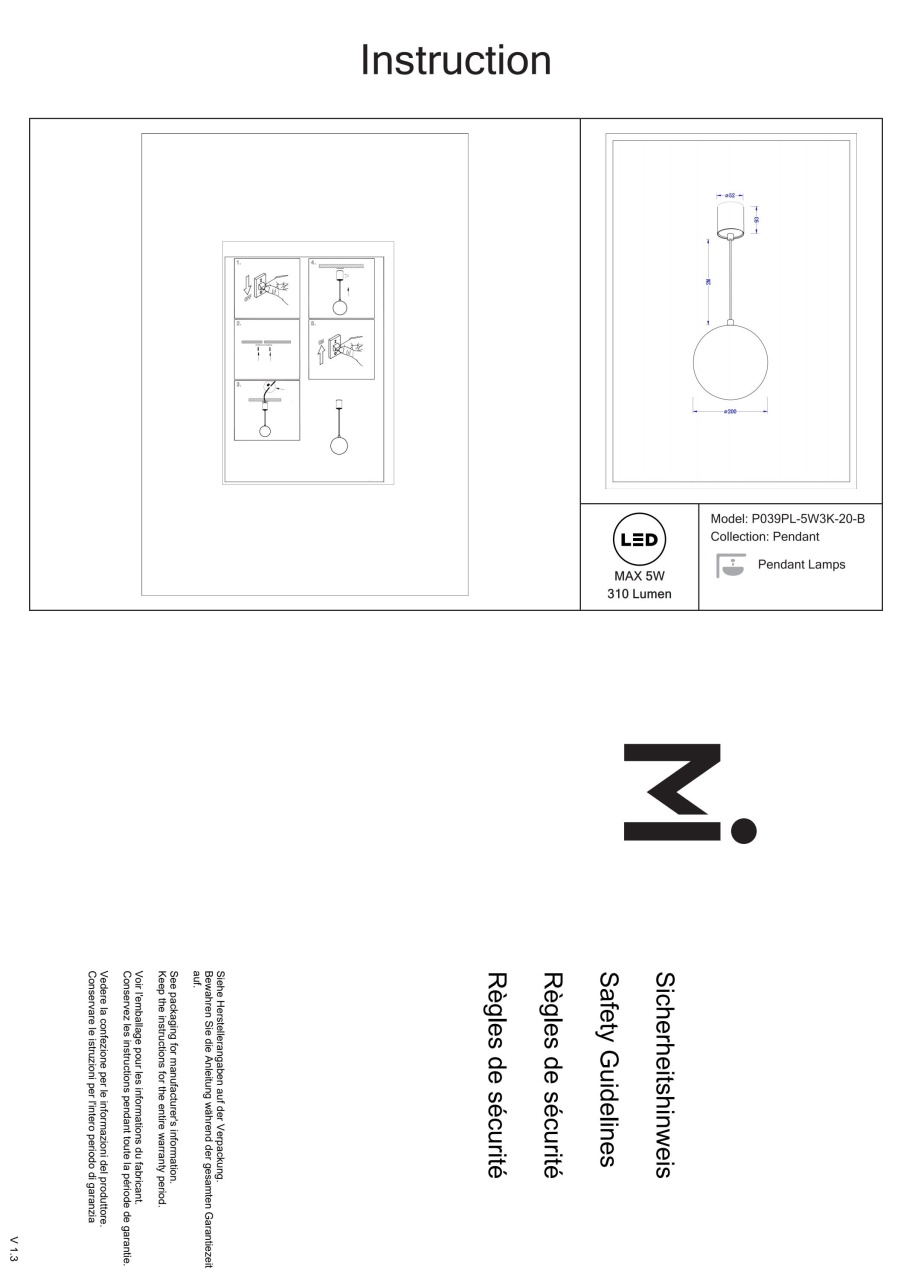 Pendul LED Luna P039PL-5W3K-20-B, 5W, 310lm, lumina calda, IP20, negru+alb, Maytoni - 2 | YEO