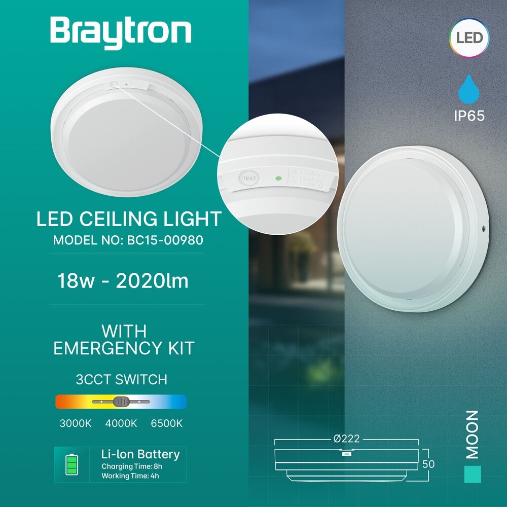 Plafoniera LED exterior cu kit de emergenta 18W, lumina calda/neutra/rece, IP65, Braytron - imagine 3