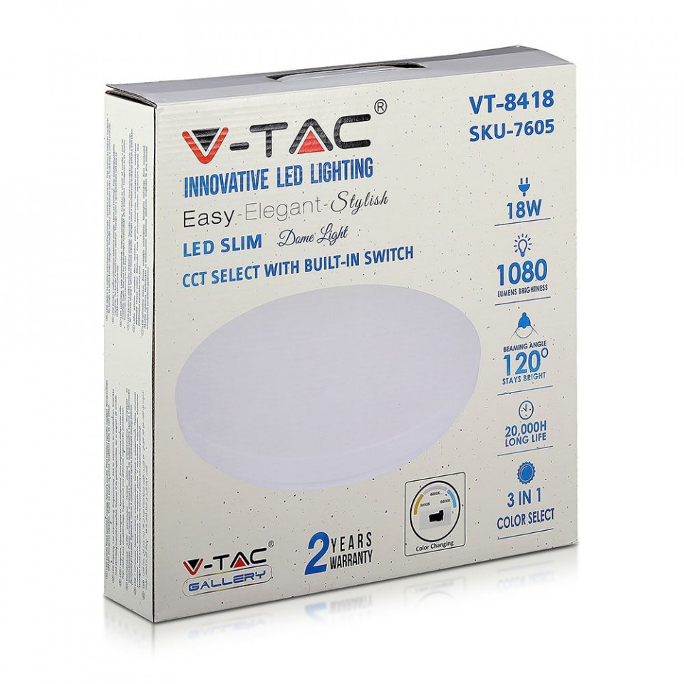 Plafoniera LED VT-7605, 18W, 1080lm, lumina calda+neutra+rece, IP20, alba, V-TAC - 3 | YEO