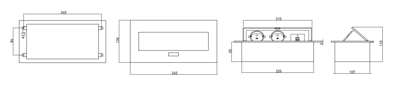 Priza incastrabila dreptunghiulara, 2 prize scuko + 2 USB A+C 3A, cablu 1.5m, neagra, prize albe, GTV