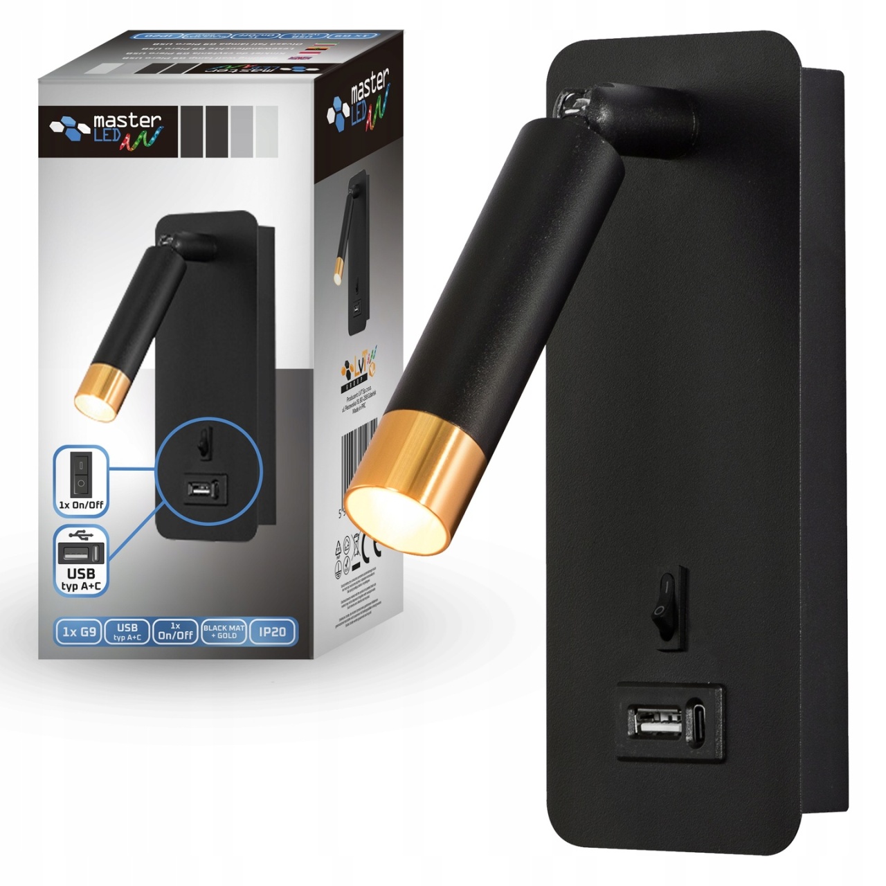 Aplica de perete Piero G9, USB A+C si intrerupator, neagra/aurie, Masterled - 3 | YEO