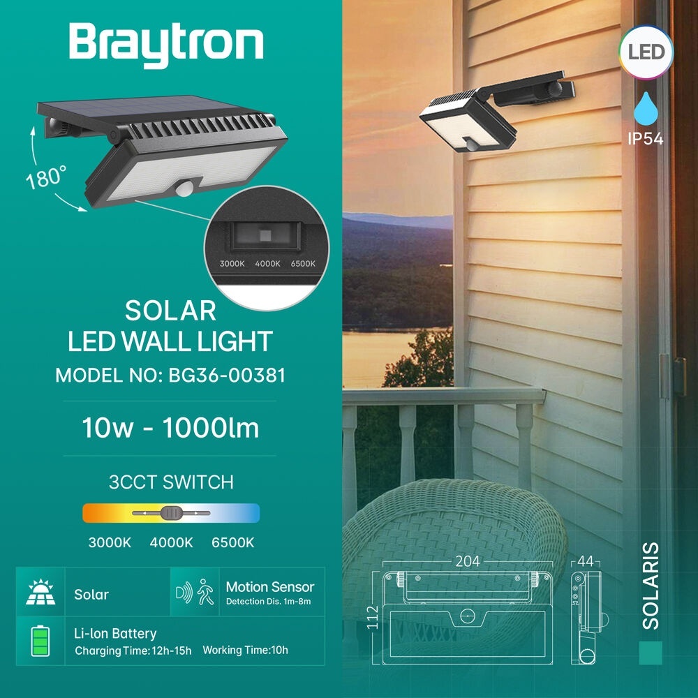 Aplica solara LED cu senzor de miscare, 10W, 1000lm, lumina calda/neutra/rece, IP54, 10h, Braytron - imagine 3