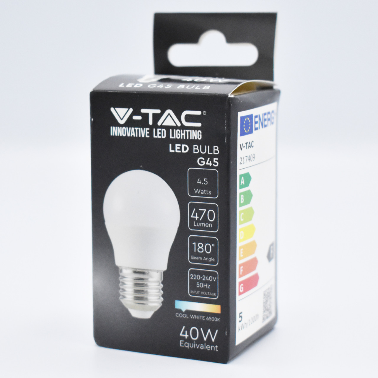 Bec LED 4.5W(40W) V-TAC, G45, E27, 470 lm, lumina rece (6500K), clasa energetica F