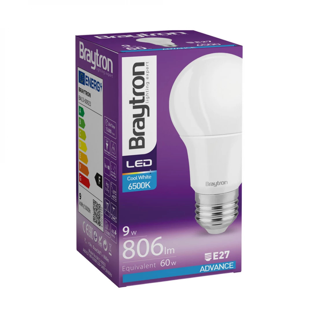 Bec led 9W (60W) Braytron, A60, E27, 806lm, lumina rece (6500K), clasa energetica F - 3 | YEO