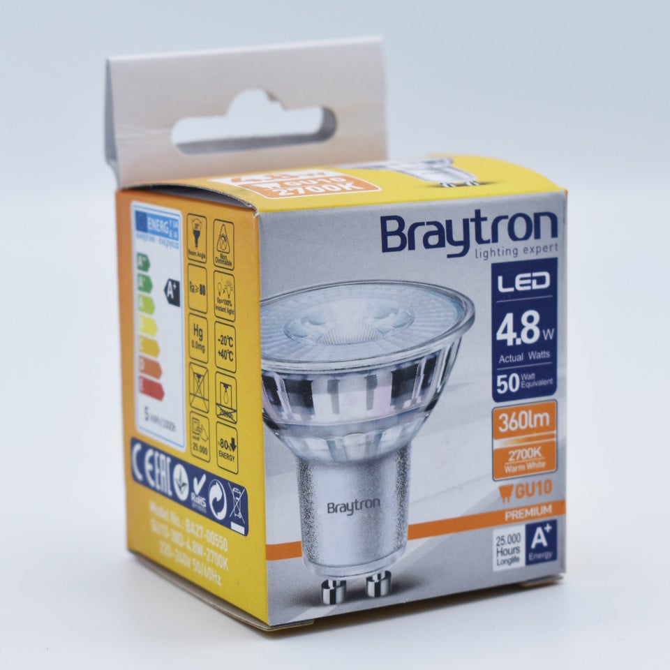 Bec LED Braytron, 4.8W(50W), GU10, 350 lm, lumina calda (2700K), semitransparent, clasa energetica F
