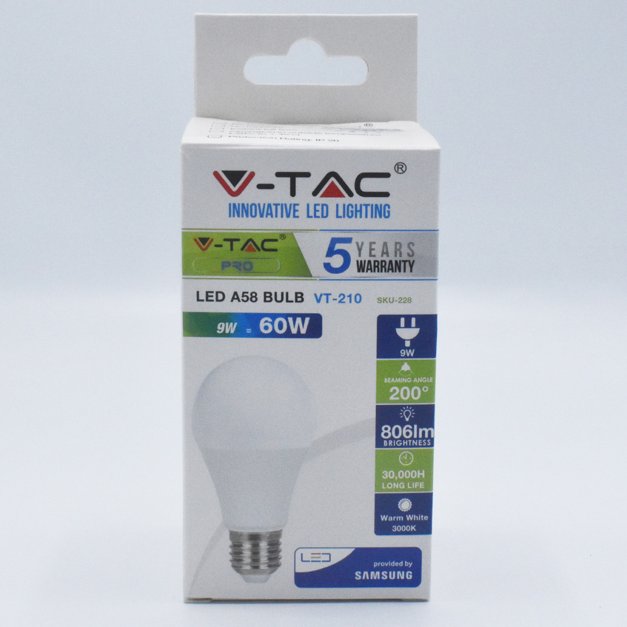 Bec LED cip Samsung 9W(60W) V-TAC, E27, 806 lm, lumina calda (3000K), clasa energetica F - 2 | YEO