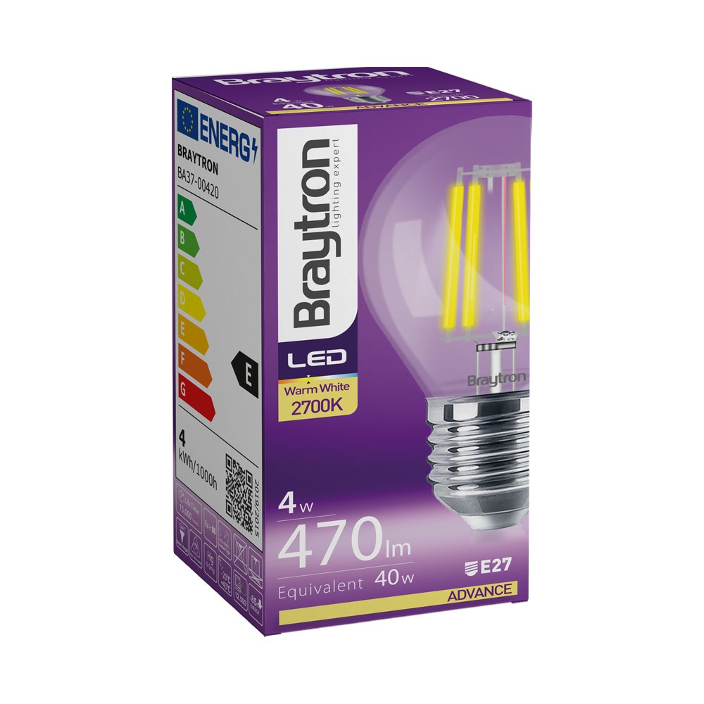 Bec LED G45 4W(40W) Braytron, filament, E27, lumina calda (3000K), 470 lm, clasa energetica E - 2 | YEO