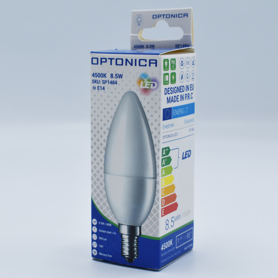 Bec LED lumanare 8.5W(60W) Optonica, E14, C37, 806 lm, lumina neutra (4500K), clasa energetica F