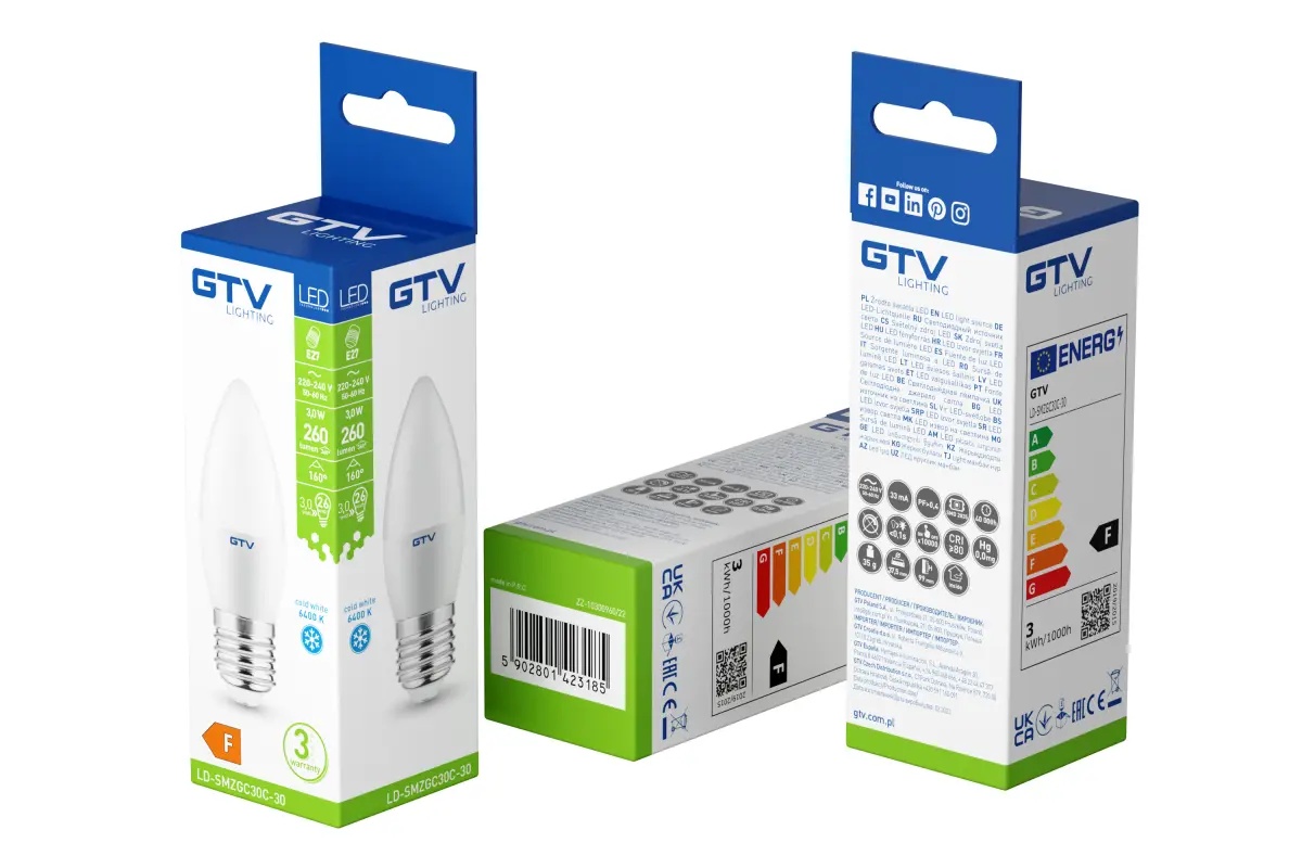 Bec LED lumanare GTV, E27, 3W(26W), 260 lm, lumina rece (6400K), clasa energetica F