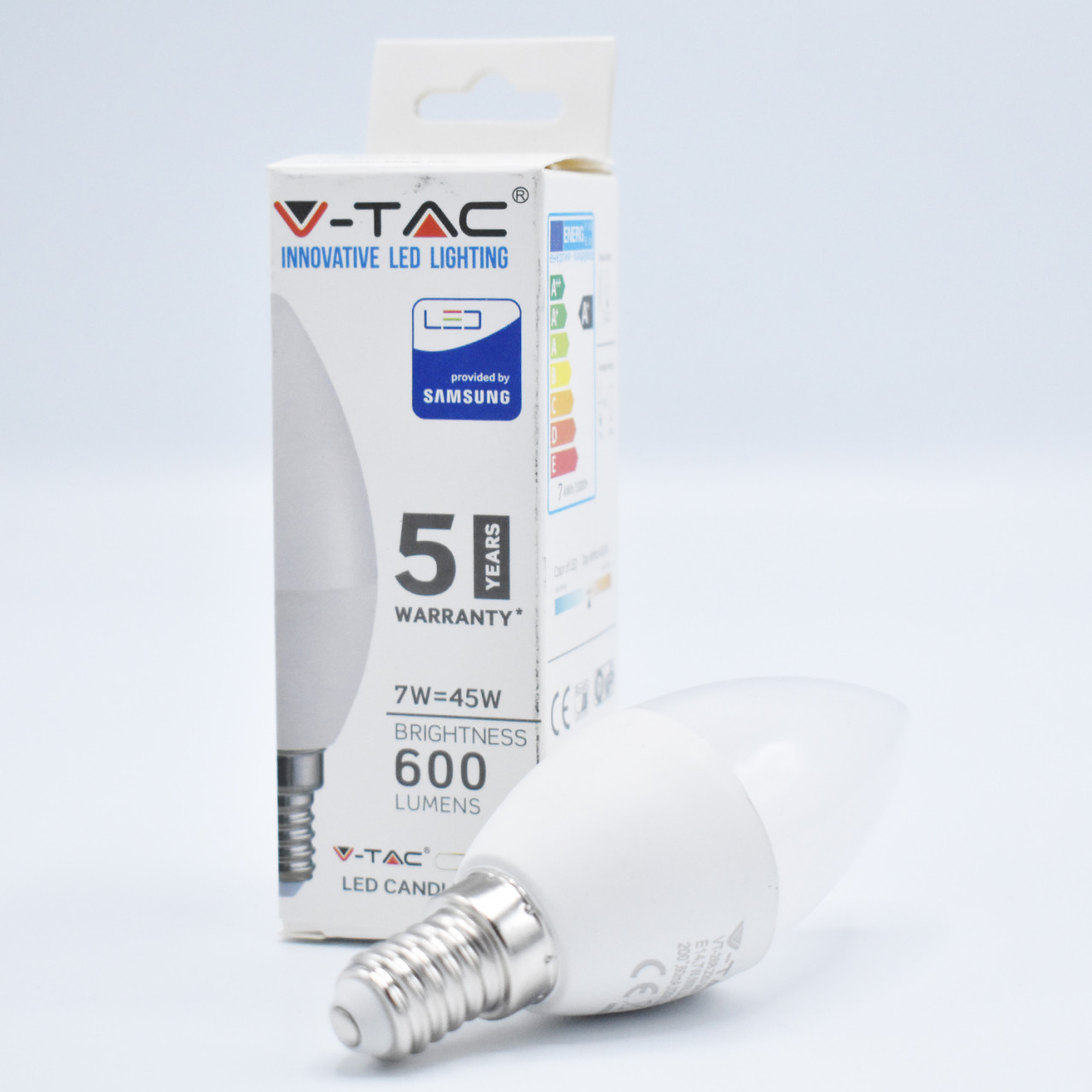 Bec LED lumanare V-TAC, 7W(45W), cip Samsung, E14, C37, 600 lm, lumina neutra (4000K), clasa energetica F - 1 | YEO