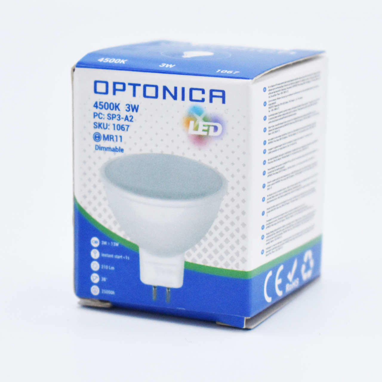 Bec LED MR11 3W(13W) Optonica, 12V, 210 lm, lumina neutra (4500 K), clasa energetica G