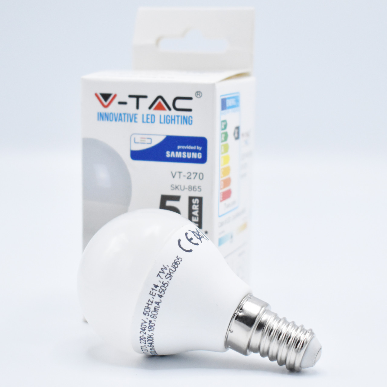 Bec LED sferic 7W(45W) V-TAC, P45, E14, cip Samsung, 600 lm, lumina rece (6400 K), opal, clasa energetica F - 1 | YEO
