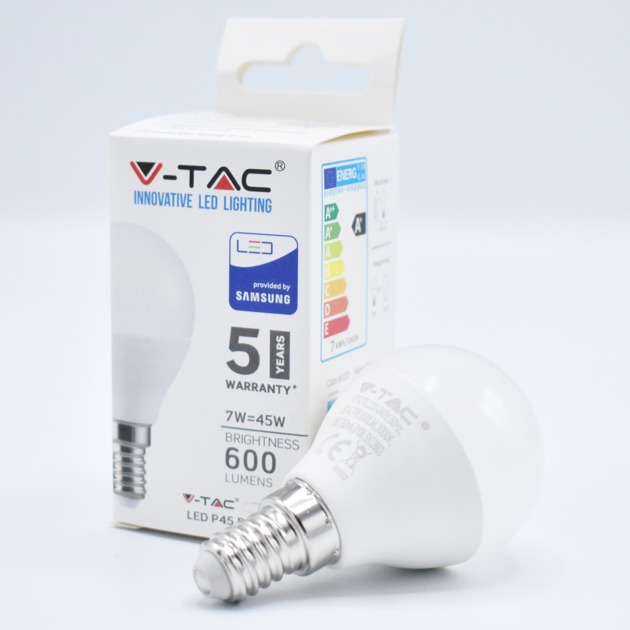 Bec LED sferic P45 7W(45W) V-TAC, E14, 600 lm, lumina calda (3000K), chip Samsung, clasa energetica F - 1 | YEO
