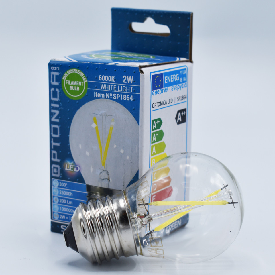 Bec LED sferic Vintage filament Optonica, 2W(16W), E27, G45, 200 lm, lumina rece (6000K), clasa energetica F - 1 | YEO