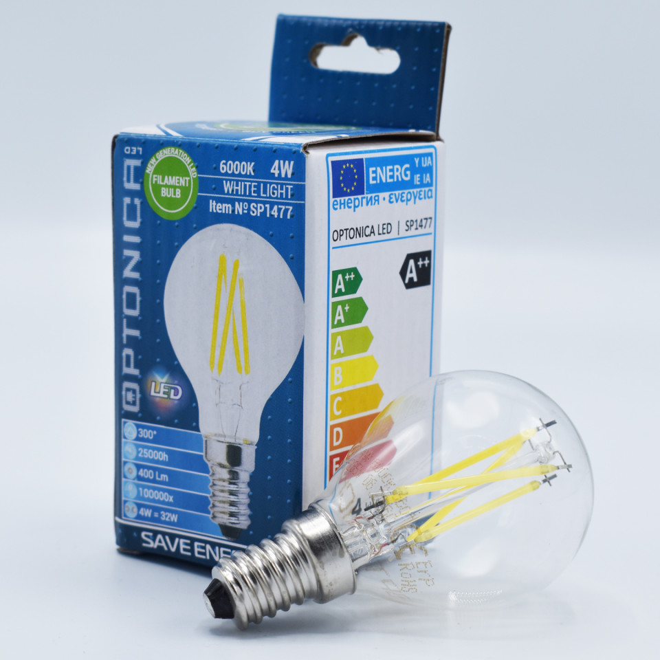 Bec LED sferic Vintage filament Optonica, 4W(32W), E14, G45, 400 lm, lumina rece (6000K), clasa energetica F - 1 | YEO