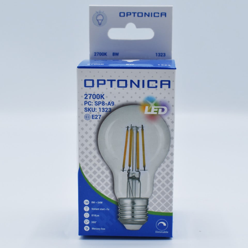 Bec led Vintage Filament Dimabil 8W (54W), E27, A60, 810 lm, lumina calda (2700K), clar, Optonica - 2 | YEO