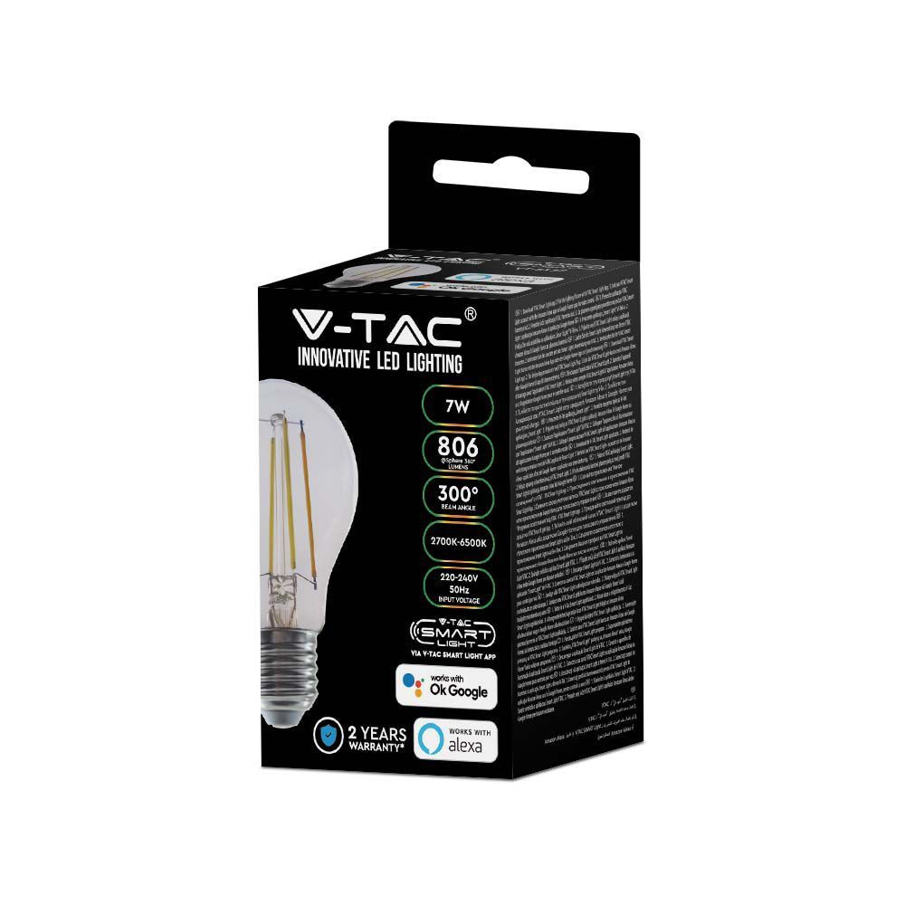 Bec Smart LED 7W V-TAC, E27, Vintage, RGB+CCT, 2700-6500K, compatibil Alexa si Google, clasa energetica F
