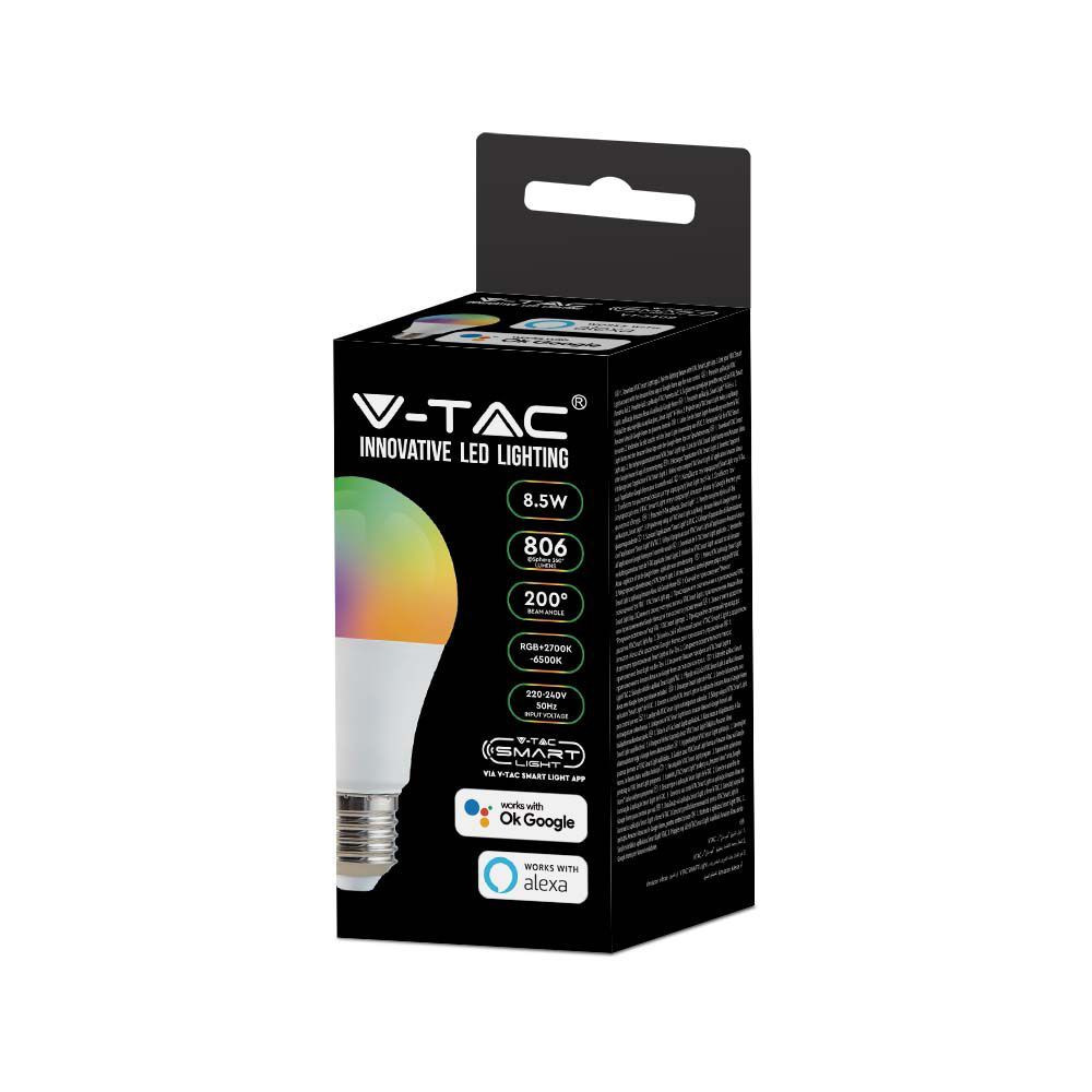 Bec Smart LED 8.5W(55W) V-TAC, E27, RGB+CCT, 2700-6500K, compatibil Alexa si Google, clasa energetica F