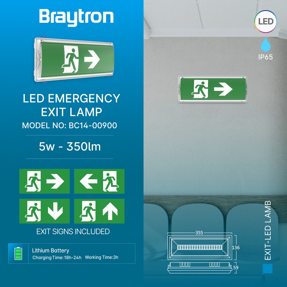 Lampa emergenta EXIT LED 5W, 350lm, 6500K, IP65, 180 min, Braytron - imagine 4