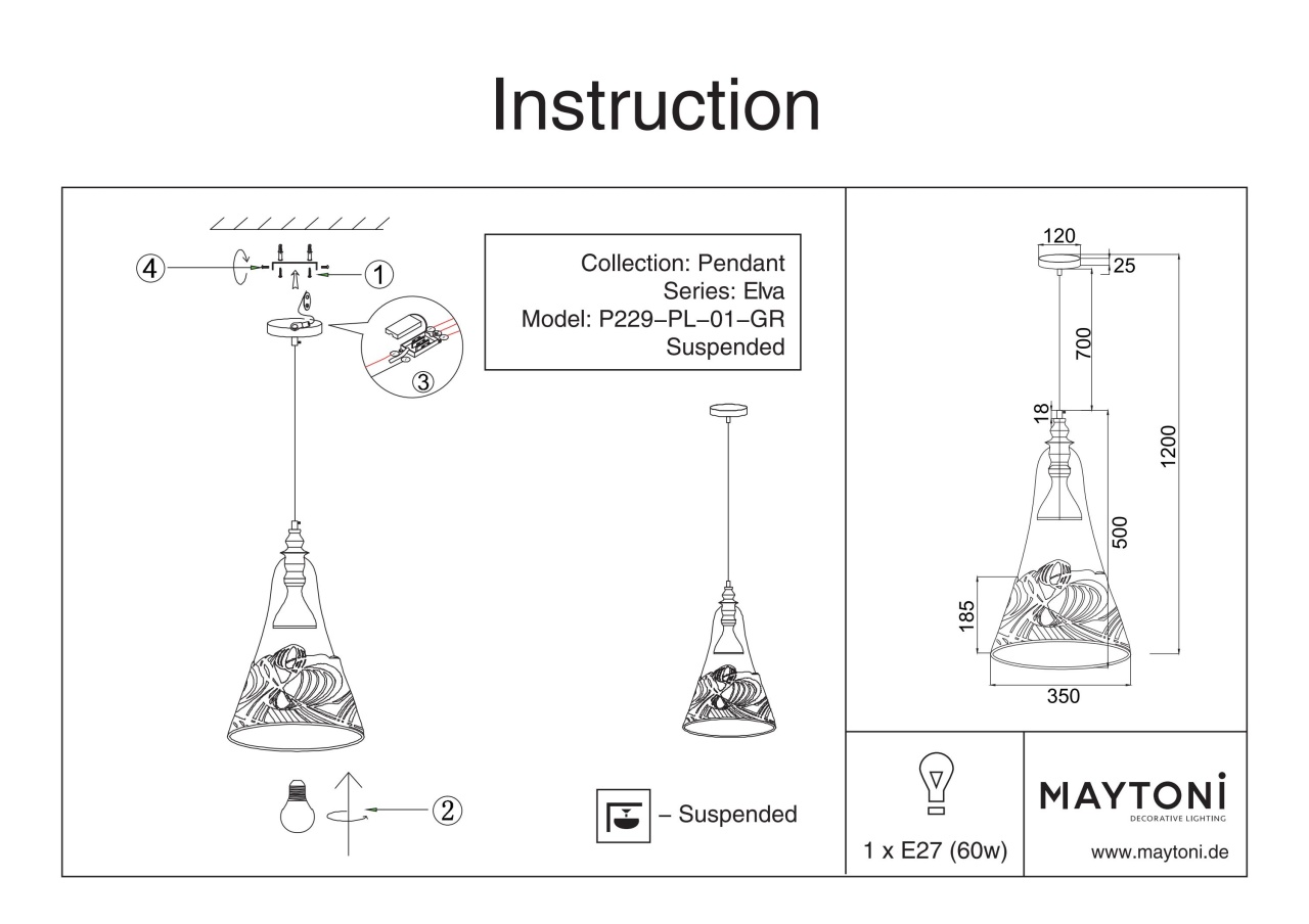 Pendul Elva P229-PL-01-GR, 1xE27, gri, IP20, Maytoni