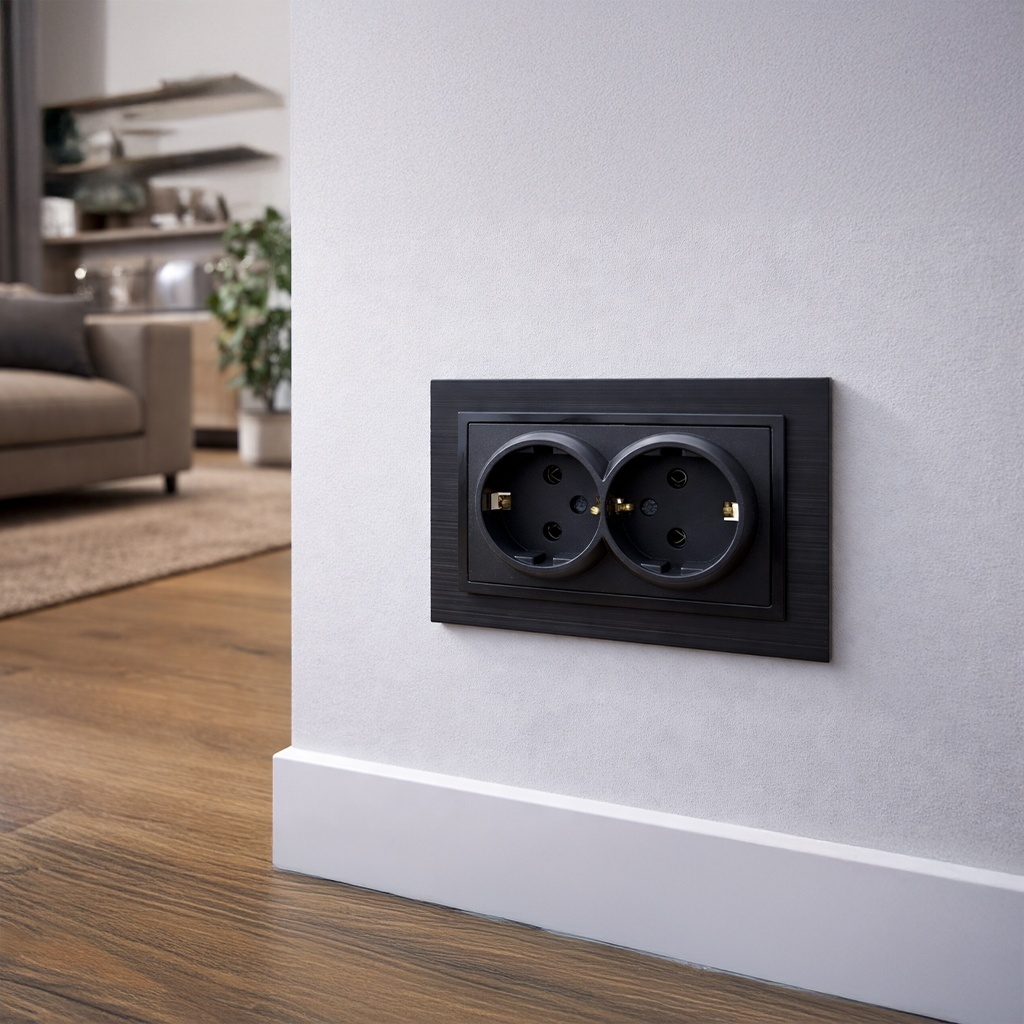 Priza dubla cu impamantare, neagra, 16A, Olbia Titan - imagine 3