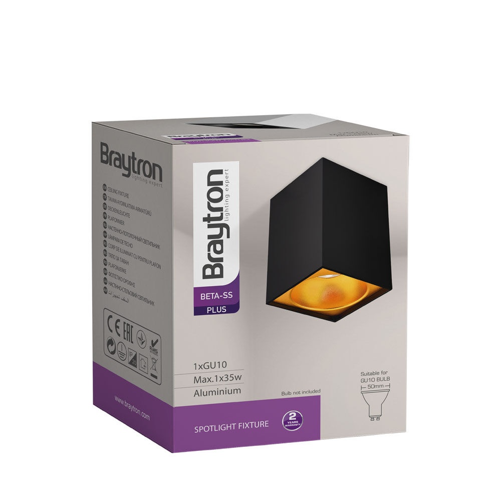 Spot aplicat GU10 patrat Beta, aluminiu, negru-auriu, IP20, Braytron - imagine 5