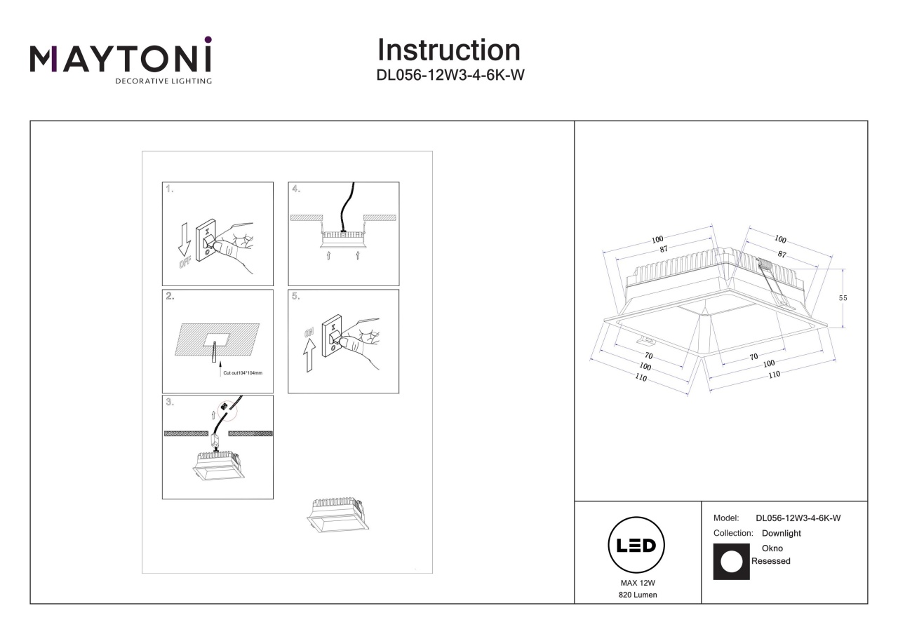 Spot LED 12W Incastrat, Maytoni, 820lm, Lumina Calda+Neutra+Rece, Alb - 2 | YEO