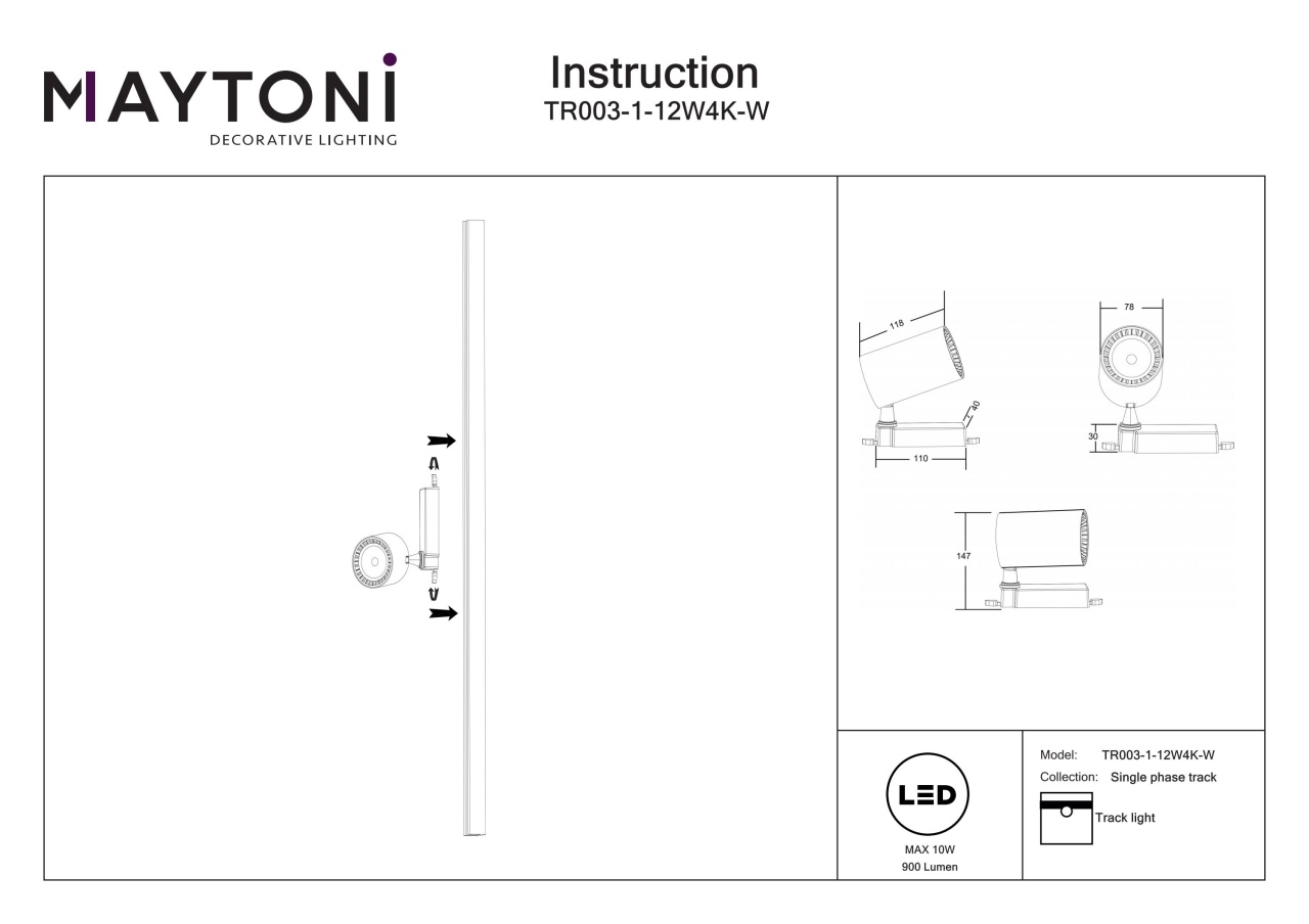 Spot LED cu brat pe Sina 10W, Maytoni Vuoro, 900lm, Lumina Neutra (4000K), Alb