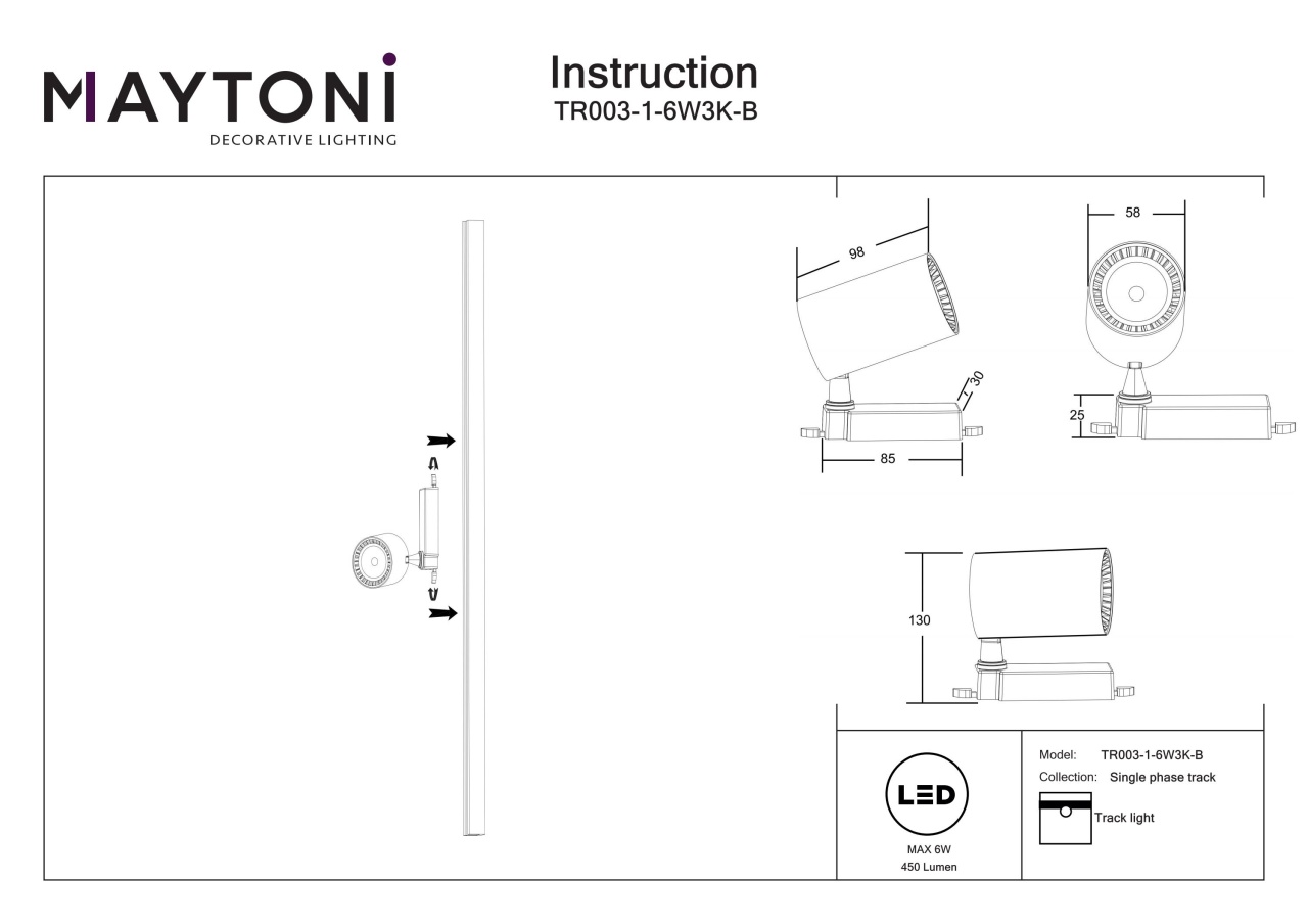 Spot LED cu brat pe Sina 6W, Maytoni Vuoro, 450lm, Lumina Calda (3000K), Negru