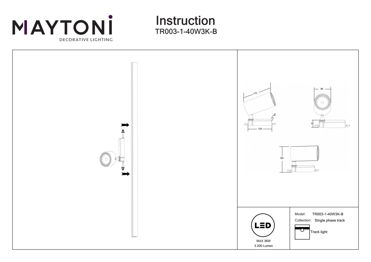 Spot LED pe Sina 36W, Maytoni Vuoro, 3200lm, Lumina Calda (3000K), Negru