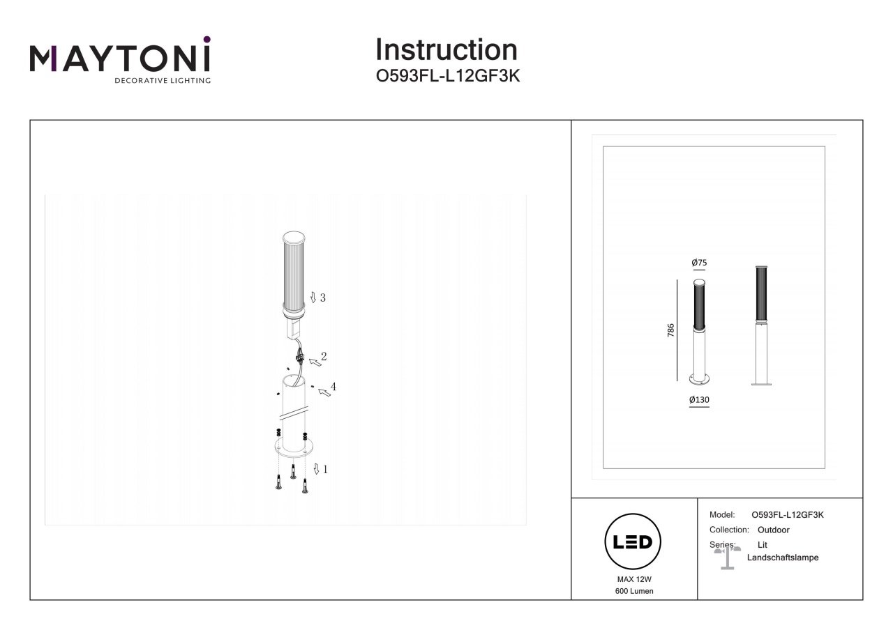 Stalp pentru exterior LED Lit O593FL-L12GF3K, 12W, 600lm, lumina calda, IP65, grafit, Maytoni - 3 | YEO