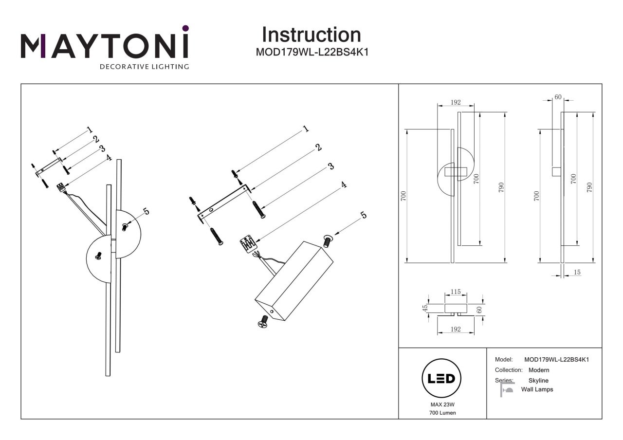 Aplica LED Skyline MOD179WL-L22BS4K1, 23W, 700lm, lumina neutra, IP20, neagra+aurie, Maytoni