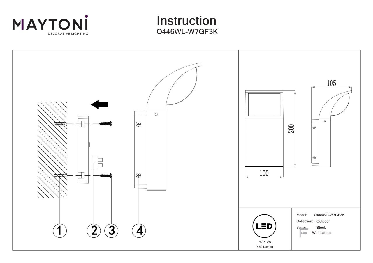 Aplica pentru exterior LED Stock O446WL-W7GF3K, 7W, 450lm, lumina calda, IP65, grafit, Maytoni - 3 | YEO