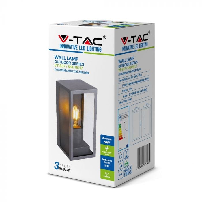 Aplica pentru exterior V-TAC, dulie E27, IP44, neagra, metal si sticla - 1 | YEO