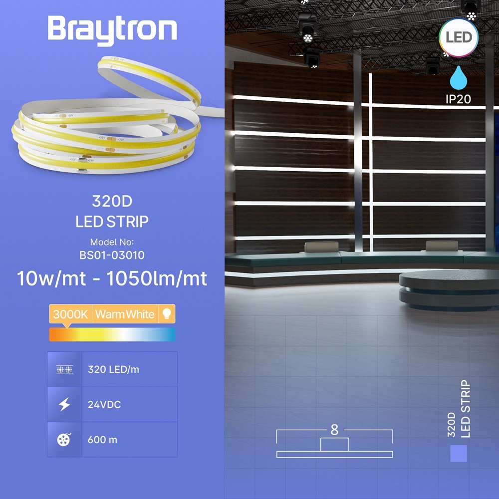 Banda LED COB, 10W, lumina calda (3000 K), 24V, IP20, Braytron - imagine 3