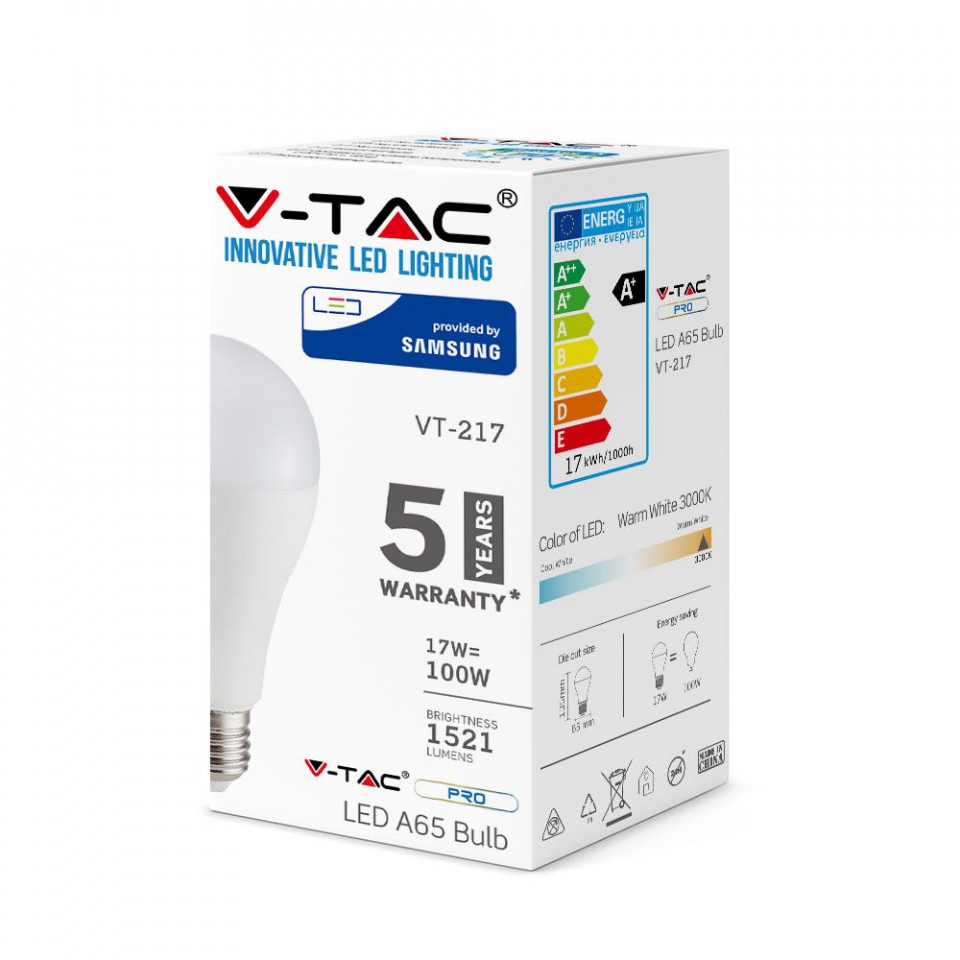 Bec LED 17W(100W) V-TAC A65, E27, 1521 lm, cip Samsung, lumina neutra (4000 K), clasa energetica F